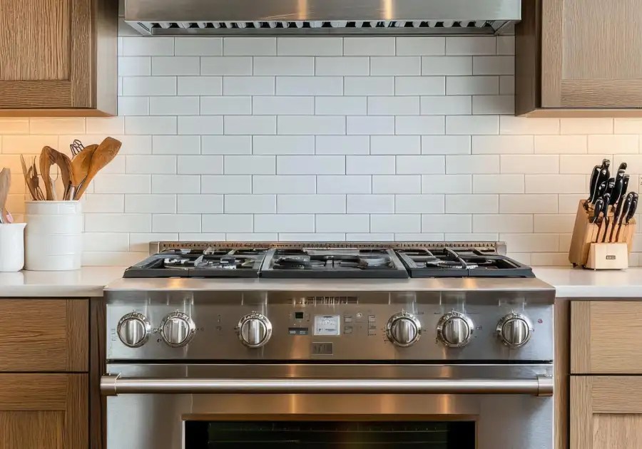 Professional stainless steel gas range in a home kitchen