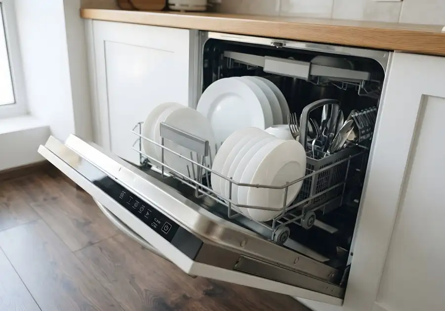 Open dishwasher loaded with clean dishes