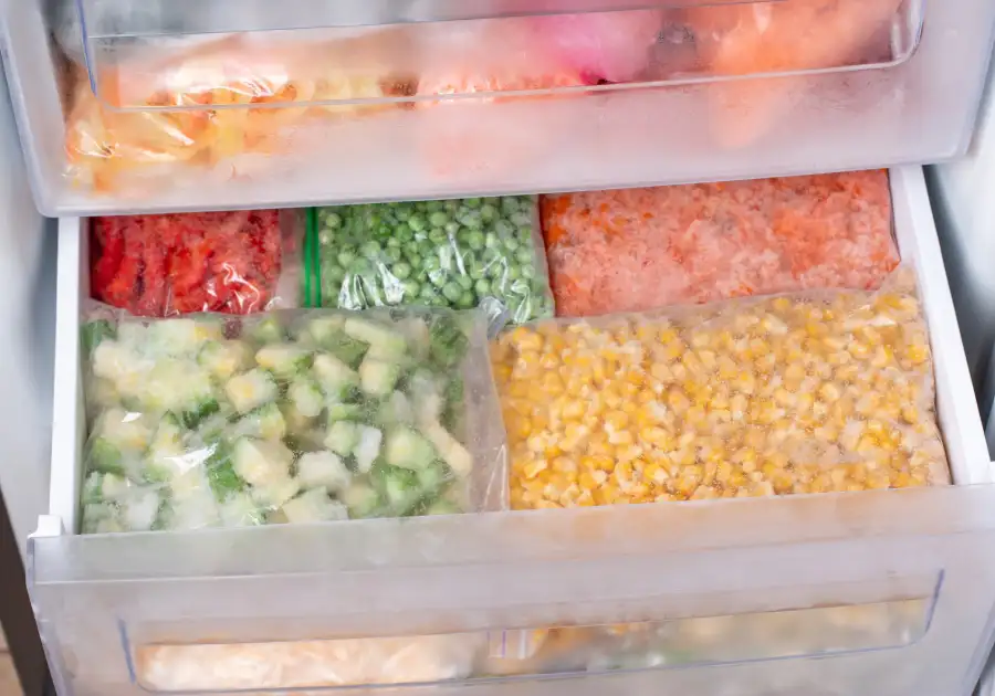 Upright freezer stocked with frozen food