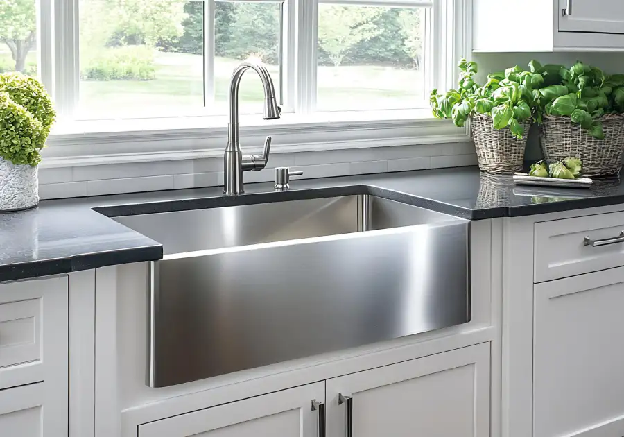 Clean stainless steel kitchen sink and mixer tap