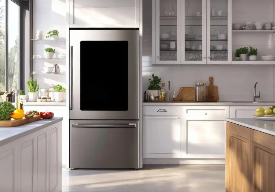 Stainless steel refrigerator in a modern fitted kitchen