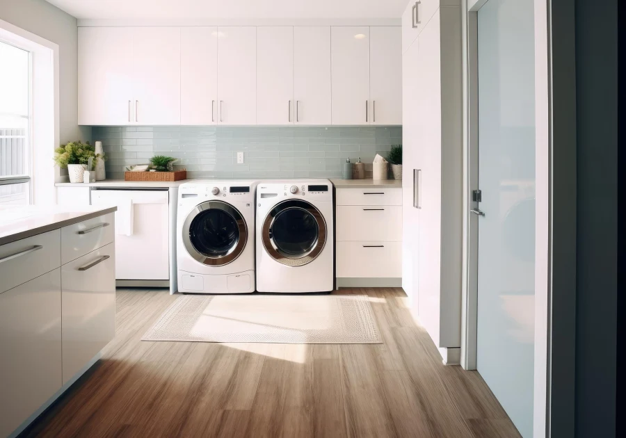 Front-load washing machine in a home laundry room
