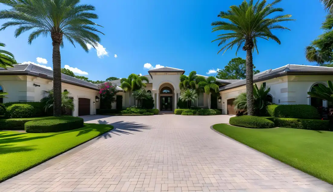 Modern family home with a wide driveway at dusk